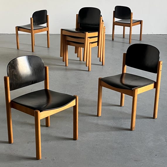 1 of 7 Vintage Mid-Century Modern Stackable Dining Chairs by Kusch & Co in Beechwood, 1970s Germany