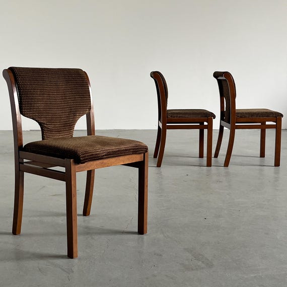 1 of 3 Vintage Mid-Century Modern Dining Chairs in Patterned Upholstery and Wood, 1970s Italy