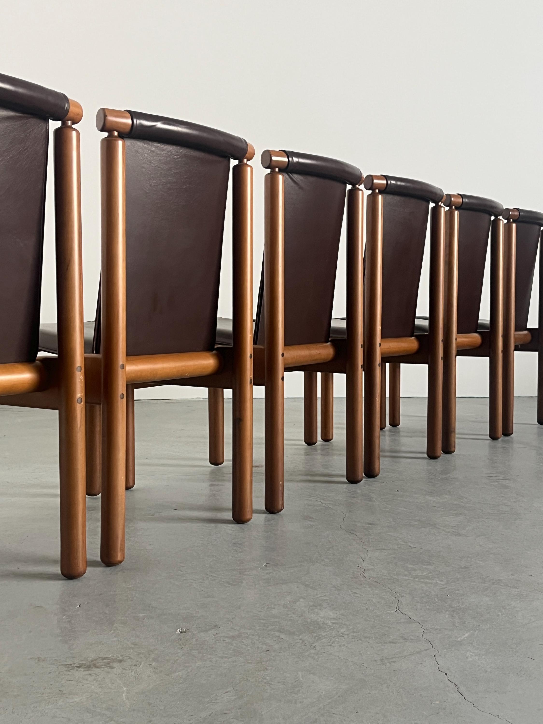Set of 6 Elegant Vintage Dining Chairs in Dark Brown Leather Attributed ...