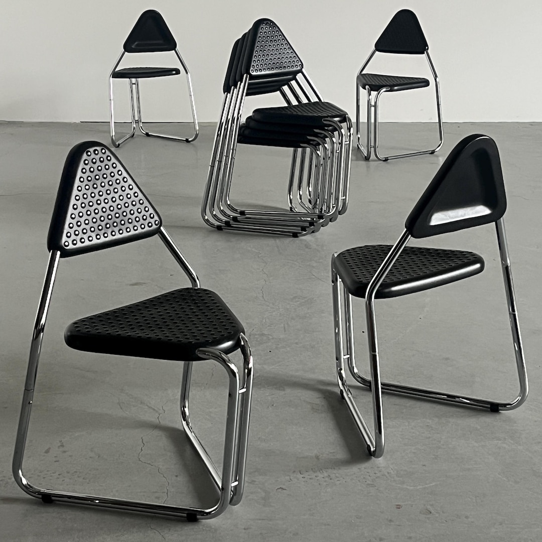 1 of 8 Vintage Memphis Style Triangular Dining Chairs in Chromed ...