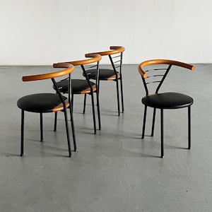 Set of 4 Vintage Postmodern Geometrical Armchairs in Black Faux Leather, Metal and Lacquered Wood, Sculptural Memphis style, Italy 1990s
