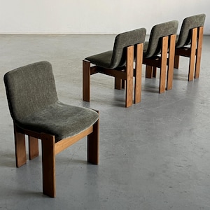1 of 4 Elegant Mid-Century Modern Dining Chairs in Wood and Washed Green Upholstery, in the Style of Afra & Tobia Scarpa, Italy 1970s