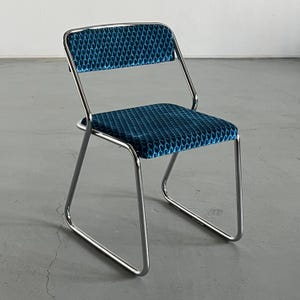 Vintage Mid-Century Dining Chairs in Blue Postmodern Patterned Upholstery and Chromed Tubular Steel, Walter Antonis Style, Italy 1970s