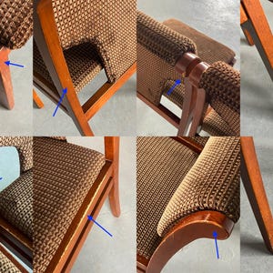 May include: A vintage armchair with a wooden frame and patterned brown upholstery. The chair features armrests and a seat with a woven texture. The wooden frame has a warm, reddish-brown finish, showcasing the chair's classic design.