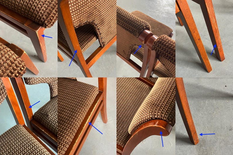 May include: A vintage armchair with a wooden frame and patterned brown upholstery. The chair features armrests and a seat with a woven texture. The wooden frame has a warm, reddish-brown finish, showcasing the chair's classic design.