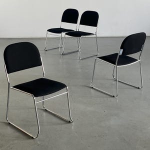 Set of 4 Minimalist Dining Chairs in Black Fabric and Chromed Steel, Stackable, Italy 1990s