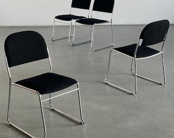 Set of 4 Minimalist Dining Chairs in Black Fabric and Chromed Steel, Stackable, Italy 1990s