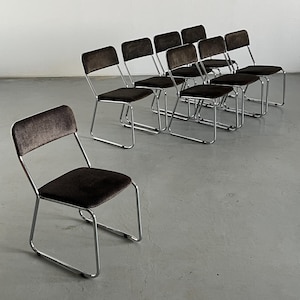 1 of 8 Vintage Stackable Dining Chairs in Dotted Black & Brown Patterned Upholstery and Chromed Tubular Steel, Mid-Century, 1980s Italy