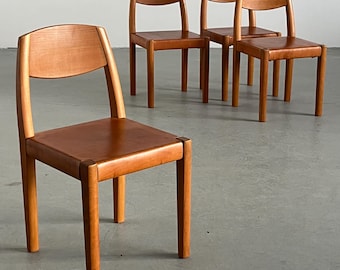 Set of 4 Vintage Dining Chairs in the Style of Pierre Chapo, Cognac Leather and Wood, Mid-Century Modern 1970s