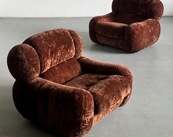 Pair of Large Italian Mid-Century Modern Cloud Armchairs in Dark Brown Fabric Upholstery, Italy 1970s
