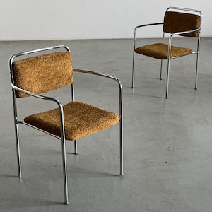 Pair of Mid-Century Armchairs by H. Fiedler and H. Heyder in Ochre Boucle Upholstery and Chromed Steel, Bauhaus Style, 1970s Germany