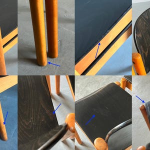 May include: Close-up shots of a wooden chair with a black seat and backrest. The chair has a light brown wooden frame and legs. The seat and backrest appear to be made of a dark, possibly stained, wood. The chair is likely vintage or mid-century modern.