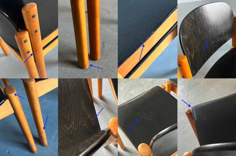 May include: Close-up shots of a wooden chair with a black seat and backrest. The chair has a light brown wooden frame and legs. The seat and backrest appear to be made of a dark, possibly stained, wood. The chair is likely vintage or mid-century modern.