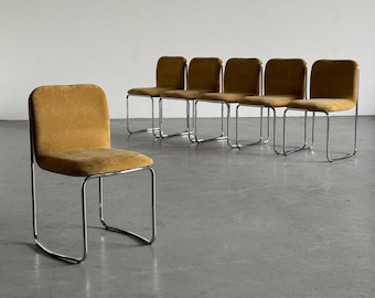 Set of 6 Italian Space Age Chromed Tubular Steel Dining Chairs, 1970s