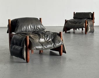 Brazilian Brutalist Hardwood Lounge Chairs in Charcoal Leather, Mid Century Modern, 1970s