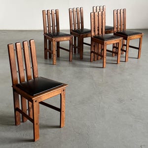 1 of 6 Vintage Mid-Century Modern Dining Chairs in Wood and Black Leather, in the Style of Mario Marenco, Italy 1970s