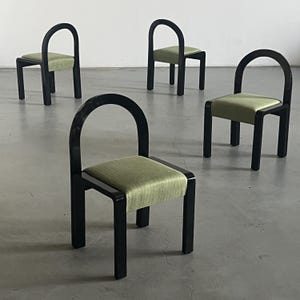 Set of 4 Vintage Geometrical Dining Chairs in Black Painted Bentwood and Mint Green Upholstery, Mid-Century Modern, 1970s italy