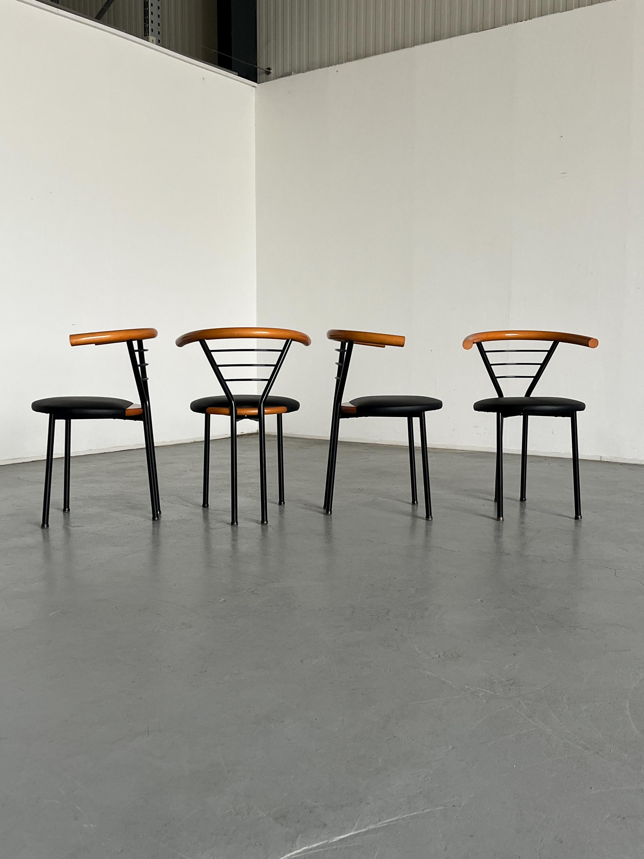 Set of 4 Vintage Postmodern Geometrical Armchairs in Black