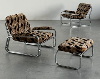 German Chrome Tubular Steel Space Age Chrome Seating Set in Geometric Velvet, 1970s