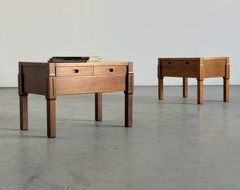 Pair of Low Wooden Bedside Tables with Drawers, 1970s