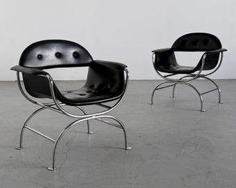 Pair of Postmodern Lounge Chair in Black Faux Leather & Chrome