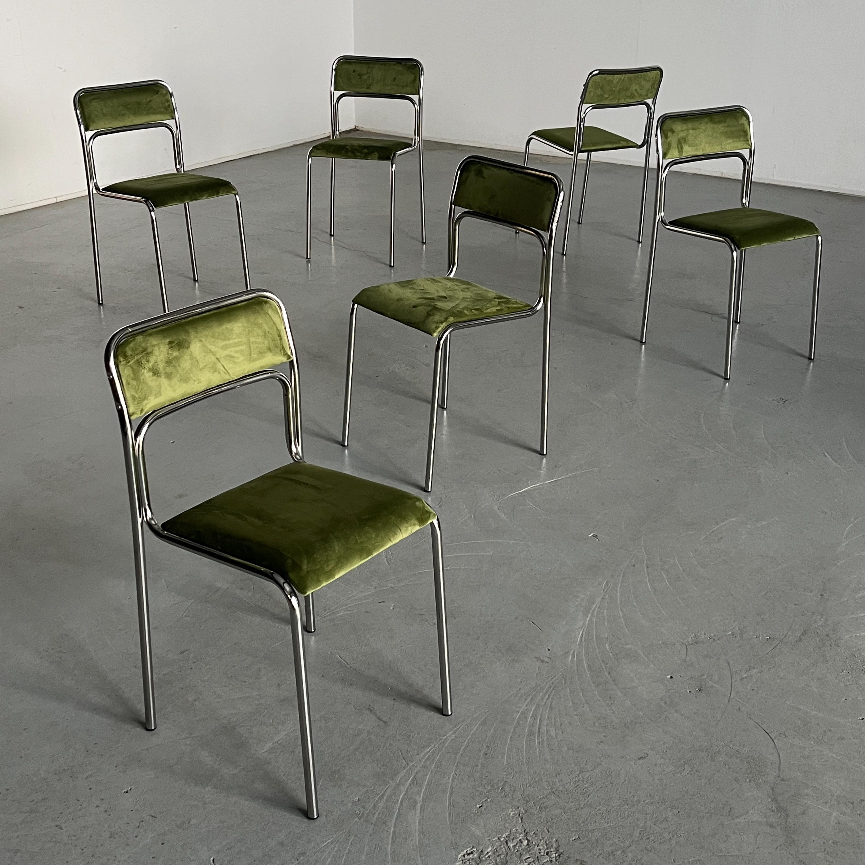 Set of 6 Bauhaus Chrome Tubular Steel and Green Velvet Chairs / 80s Italian Modernist Stackable Dining Chairs