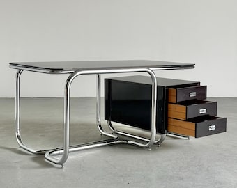 Bauhaus Design Office Desk in Chrome Tubular Steel, Glass and Lacquered Wood
