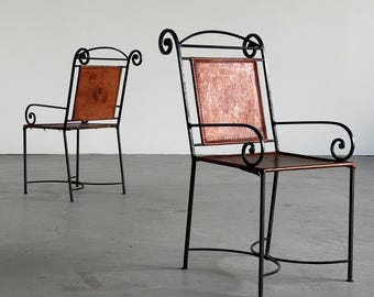 1 of 2 French Artisanal Wrought Iron and Cognac Leather Swirl Armchairs, Neoclassical Sculptural Chairs, 1980s