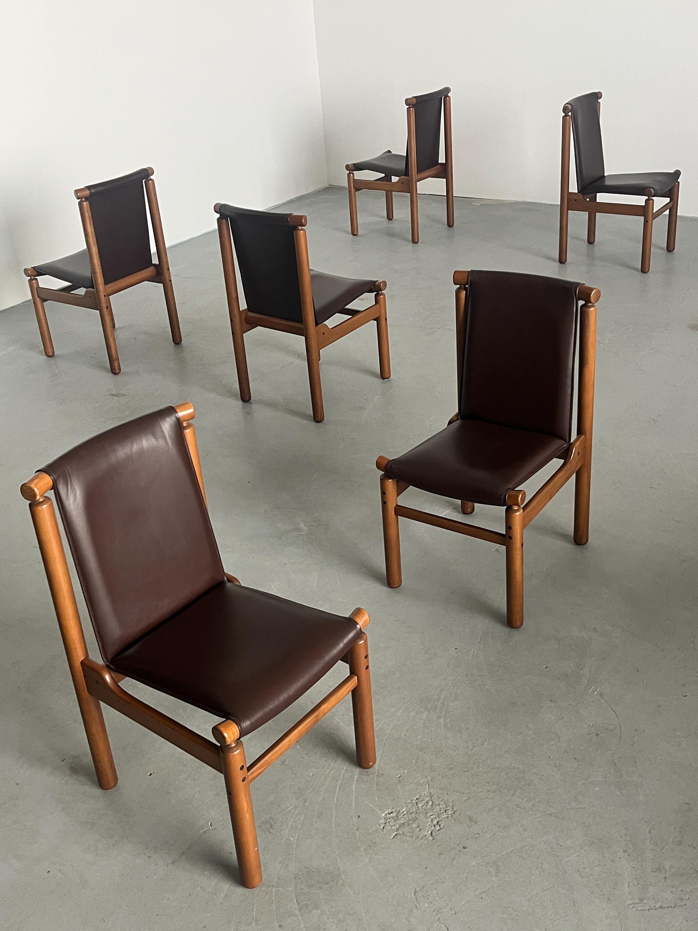 Set of 6 Elegant Vintage Dining Chairs in Dark Brown Leather Attributed ...
