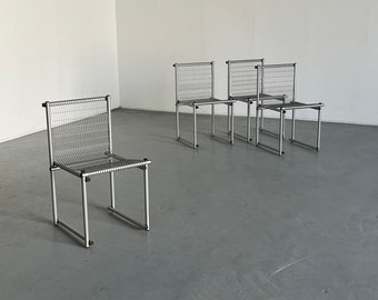 Ensemble de 4 chaises constructivistes vintage en fil métallique en métal enduit gris, 1980s Italie