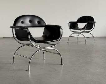 Postmodern Lounge Chair in Black Faux Leather & Chrome