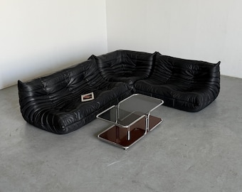 Original Vintage Togo Modular Sofa in Black Leather, Michel Ducaroy for Ligne Roset, 1970s France