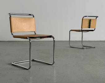 Pair of Mart Stam Style Cantilever Dining Chairs by Fasem, Chrome and Saddle Leather, 1980s