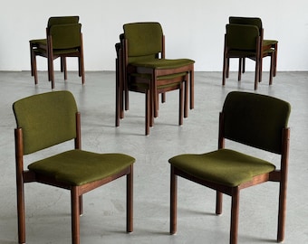 Padded Olive Green Upholstered Mid-Century Stacking Dining Chairs, Walnut Stained Solid Wood, 1970s