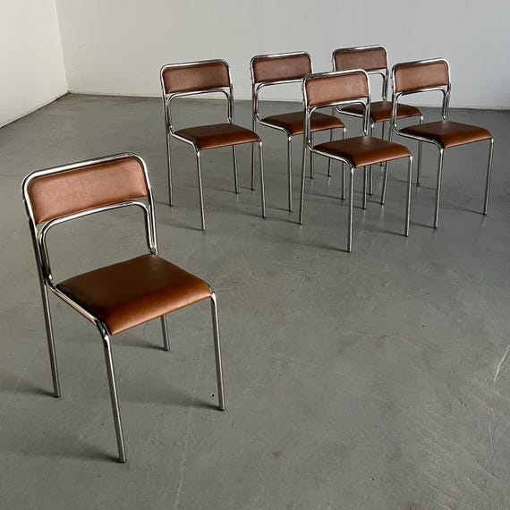 Set of 6 Bauhaus Chrome Tubular Steel and Brown Faux Leather / 80s Italian Modernist Stackable Dining Chairs