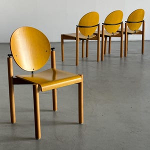 Set of 4 Vintage Postmodern Dining Chairs by Kusch&Co in Yellow and Natural Beechwood, Stackable Memphis Design, 1980s Germany