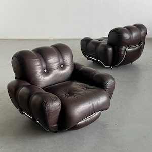 Pair of Italian Space Age Cloud Armchairs in Dark Brown Leather Upholstery and Chromed Steel, Attributed to Adriano Piazzesi, Italy 1970s