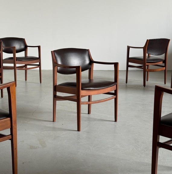 Scandinavian Mid-Century Modern Armchairs in Walnut Stained Wood and Faux Leather, 1970s