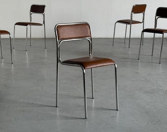 Bauhaus Chrome Tubular Steel and Brown Faux Leather, Italian Modernist Stackable Dining Chairs, 1980s Design