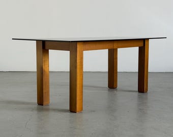 Architectural Mid-Century Dining Table in Solid Wood and Smoked Glass