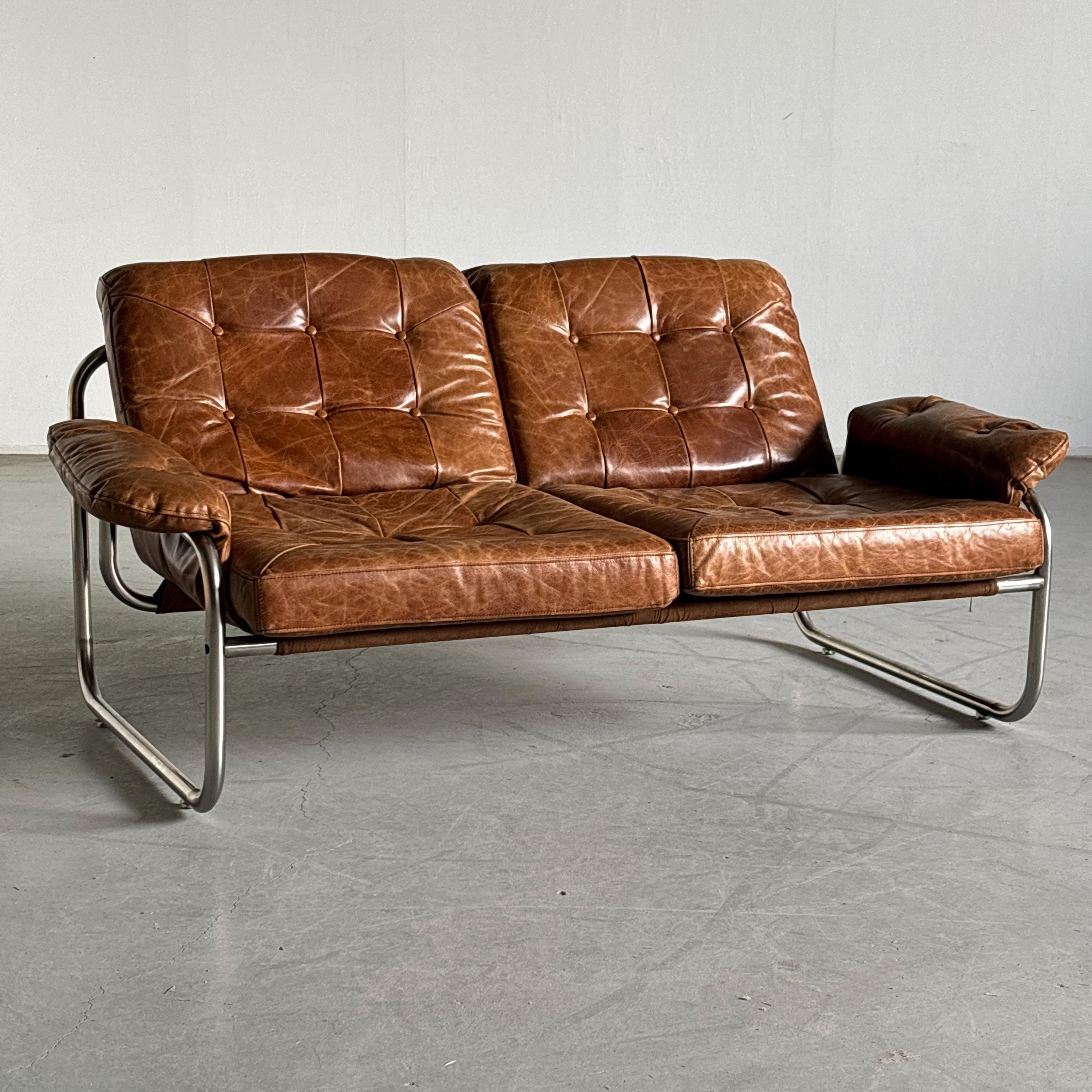 Vintage Ikea 'borkum' Sofa by Johan Häggström, Brown Leather