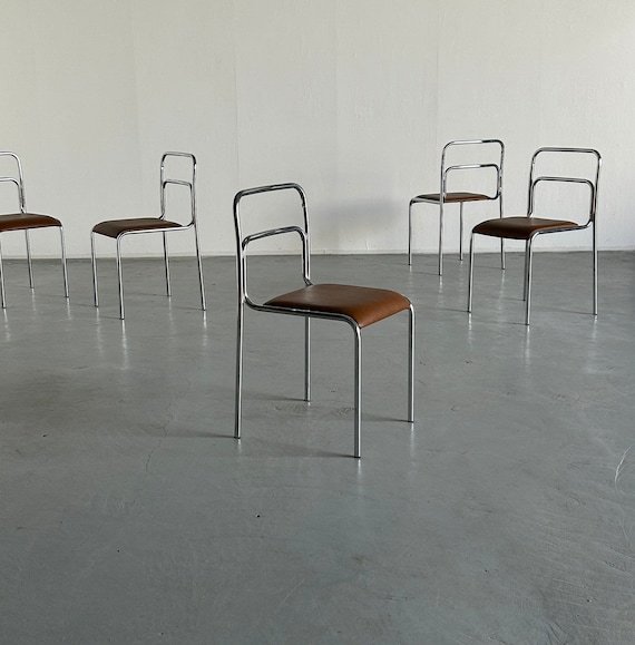 Bauhaus Design Chrome Tubular Steel and Brown Faux Leather Dining Chairs 1980s Vintage Italian Modernist Stackable Dining Chairs Etsy