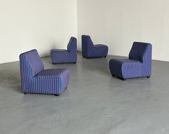 RESERVED 1 of 4 Italian Space Age Seating Modules in Blue Striped Upholstery, 1970s Mid-Century Modern Modular Sofa