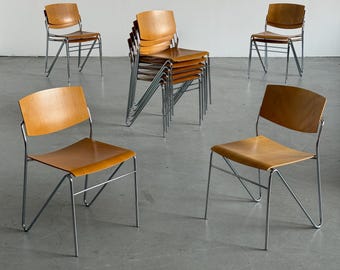 1 of 16 Chrome and Beech Plywood Stacking Chairs, 1980s