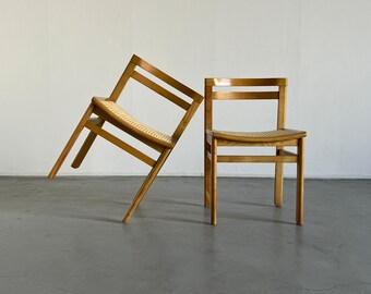 Pair of Vintage Mid-Century Modern Constructivist Wooden Dining Chairs in Beech and Cane, 1960s