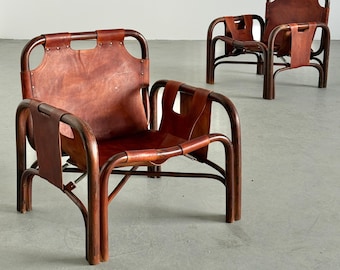 Pair of Tito Agnoli Leather Safari Chair for Bonacina, 1960s Italy