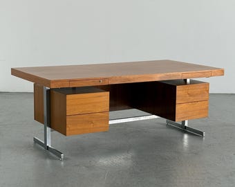 Mid Century German Executive Desk with Floating Drawers and Chrome-Plated Metal Base
