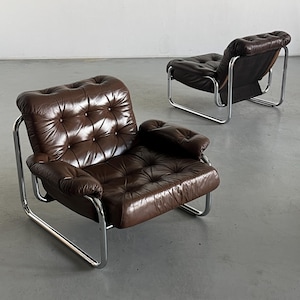 Pair of Vintage Ikea ‘Borkum’ Lounge Chairs by Johan Bertil Häggström in Chrome and Cognac Leather, 1970s Sweden / Iconic Vintage Ikea