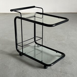 Vintage Postmodern Memphis Style Bar Cart or Serving Trolley in Black Metal and Glass with Quaderna Pattern by Bieffeplast, Italy 1980s