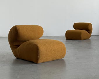 Pair of Late Modernist Sculptural Lounge Chairs in Ochre Bouclé